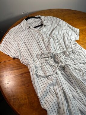 White A New Day Linen Blend Striped Short-Sleeve Shirt Dress - Casual Tie-Waist